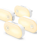 Four Plug In Night Light With Motion Sensor, Stepless Brightness From 1 To 120 Lumens, Dimmable LED Nightlights, light glowing in background. 