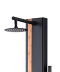 HomeStock Matte Black Shower System with Rainfall Head showcasing a sleek aluminum design and bamboo accent.