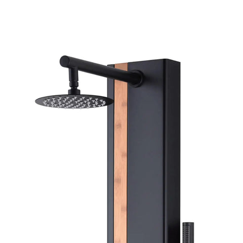 HomeStock Matte Black Shower System with Rainfall Head showcasing a sleek aluminum design and bamboo accent.