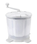 Portable Manual Washing Machine Hand Crank Spin Dryer For Travel Campground with white removable basket and handle.