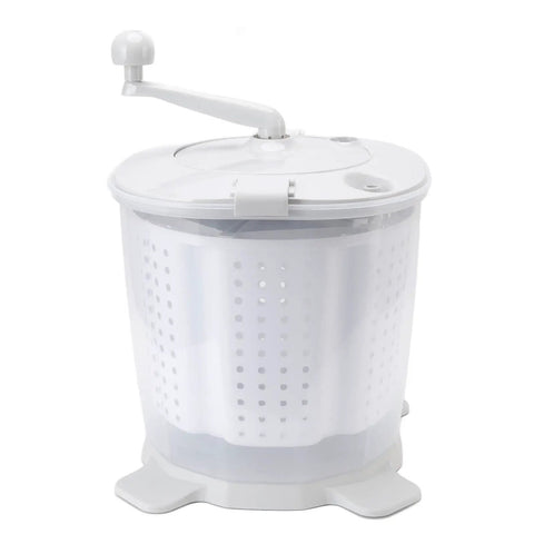 Portable Manual Washing Machine Hand Crank Spin Dryer For Travel Campground with white removable basket and handle.