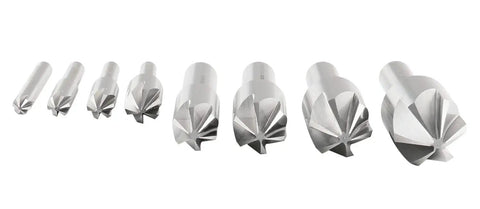 82 Degree 6 Flute HSS Countersink Set, 8 Pack, Precision Ground Countersinks, Sizes From One Quarter Inch To One Inch, displayed in row