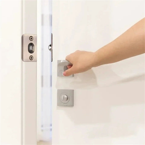Adjustable Ball Door Catch Set for Cabinets and French Closet Doors in use, hidden retractable clamping mechanism, easy install