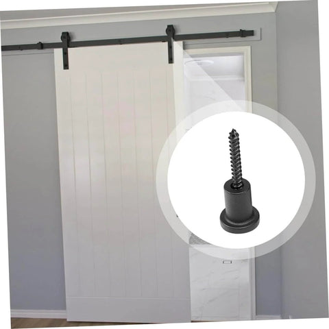 Sliding Barn Door Track Hardware Kit With Wall Spacers And Connectors For No Fuss Installation Pipe Clamp And Screws Elevates The Look And Stability Of Any Interior Door, featuring a side view of the installed track and detailed screw insert.