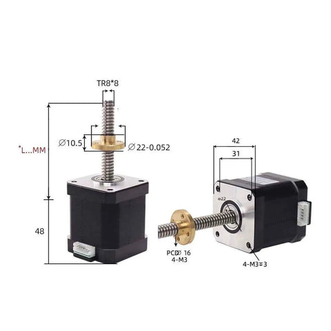 Top Shelf Nema 17 Stepper Motor Matched With 310Mm Lead Screw, showing detailed dimensions and hybrid layout for CNC machining.
