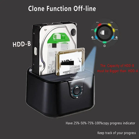 Premier Dual Bay External Hard Drive Docking Station Supporting 2.5 And 3.5 Inch SSD And HDD Drives Via Rapid SATA III To USB 3.0 Connection showing clone function setup.