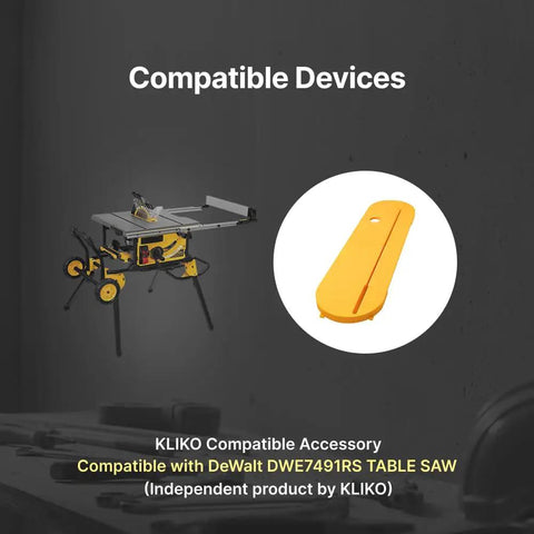 Zero Clearance Table Saw Insert For DeWalt DWE7491RS With Tight Fit And Precision Cut For Cleaner Cuts Less Tear Out Grippy Mount Easy Install And A Snug Secure Yellow Finish Perfect For Home Workshop shown next to compatible table saw.