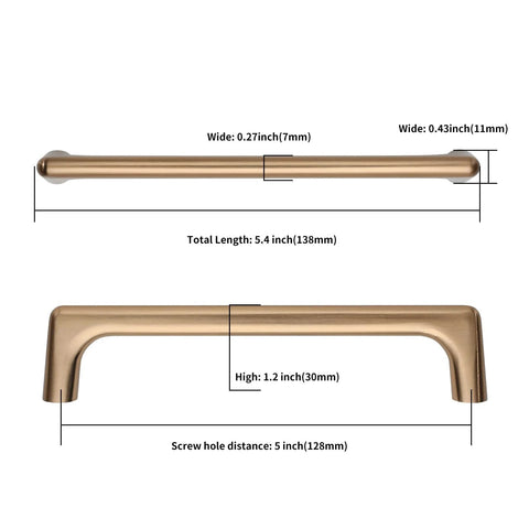Dimensions of Champagne Bronze Cabinet Pulls 5 Inch Center To Center Pack Of 10 With Screws Included, showing width and height.