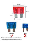 Comparison of sizes for standard and mini blade fuses with measurements for use in 6 Way DC 12 To 32V Blade Fuse Box Holder.