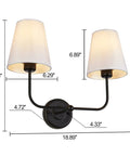 Double Light Wall Sconce With White Fabric Tapered Shades In Black Finish For Your Bathroom Vanity Hallway Stairway And Living Room Two Light Fixture With E26 Socket Dimmable LED Compatible, dimensions labeled, on white background