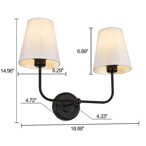 Double Light Wall Sconce With White Fabric Tapered Shades In Black Finish For Your Bathroom Vanity Hallway Stairway And Living Room Two Light Fixture With E26 Socket Dimmable LED Compatible, dimensions labeled, on white background