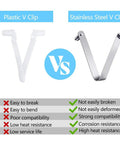 Comparison of Plastic V Clip and Stainless Steel V Shaped Pool Clip Universal Set For One And A Quarter Inch Poles features