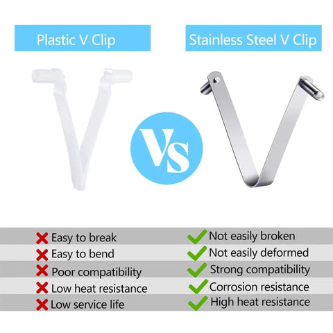 Comparison of Plastic V Clip and Stainless Steel V Shaped Pool Clip Universal Set For One And A Quarter Inch Poles features