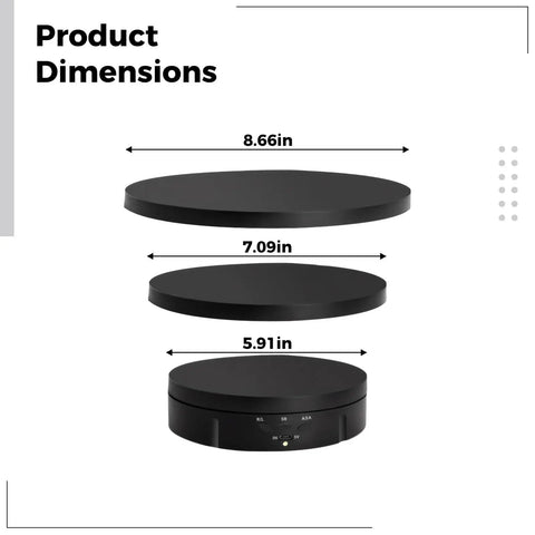 Product dimensions of Smooth Electric Rotating Display Turntable With Remote Control, detailing sizes 8.66in, 7.09in, and 5.91in.
