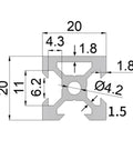 Heavy Duty Seven Piece V Slot Aluminum Extrusion 2020 N1 Single Sided Grooved Linear Guide Rail 610 Mm Length detailed drawing dimensions
