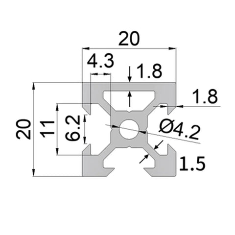 Heavy Duty Seven Piece V Slot Aluminum Extrusion 2020 N1 Single Sided Grooved Linear Guide Rail 610 Mm Length detailed drawing dimensions