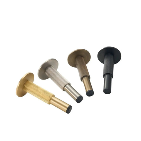 Heavy Duty Brass Door Stopper With Knurled Texture For Floor Wall Mount, Solid Metal Bumper in four finishes.