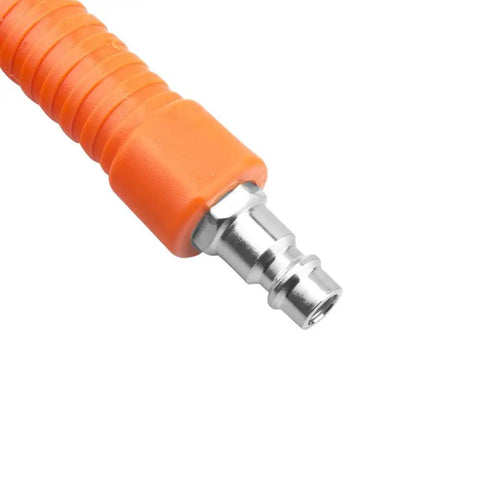 Kickass 5 Inch Air Blow Gun Featuring An Angled Bent Nozzle And Comfortable Pistol Grip To Whiz Through Debris And Dry Surfaces Fast Without Raising Noise Levels In Your Garage Or Auto Shop Ventures, showing orange body and metal connection.