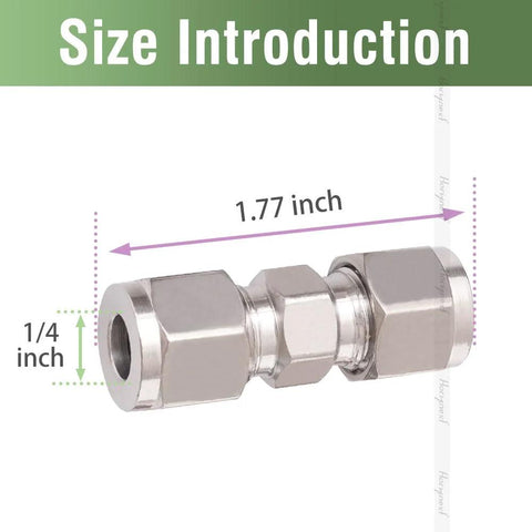 Horiznext compression fitting, 1/4 in stainless steel 304 for tubing; hex nut ends.