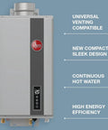 Indoor Liquid Propane Tankless Water Heater Dishes Out Kickin Hot Water Through WiFi Smart Controls At 9.5 Flow Rate With High Efficiency Non Condensing Design For Whole Home Comfort, sleek design.
