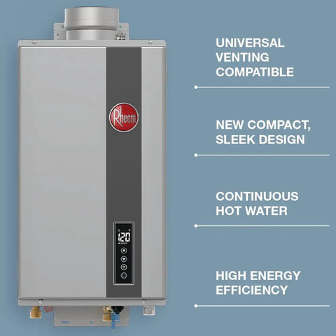 Indoor Liquid Propane Tankless Water Heater Dishes Out Kickin Hot Water Through WiFi Smart Controls At 9.5 Flow Rate With High Efficiency Non Condensing Design For Whole Home Comfort, sleek design.
