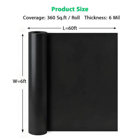 Heavy Duty Black Underlayment Roll With Adhesive Strip For Vinyl Laminate Engineered Wood Floors 6 Mil Thick 360 Square Foot Coverage dimensions 60ft x 6ft