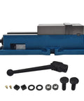 Heavy Duty 6X6.3 Inch Mad Precision Mill Vise Replacement For Milling Shaping And Drilling Machines, blue vise with handle and accessories.