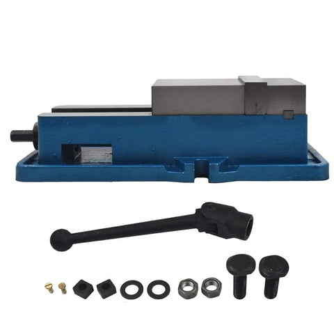 Heavy Duty 6X6.3 Inch Mad Precision Mill Vise Replacement For Milling Shaping And Drilling Machines, blue vise with handle and accessories.