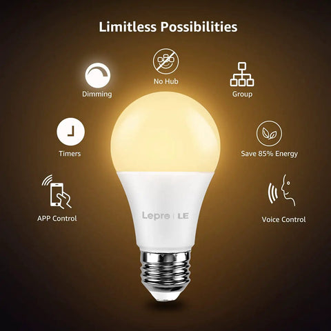 Smart LED Light Bulbs That Play Nice With Alexa And Google Home, 60W Equivalent, Dimmable Via App, Warm White 2700K, No Hub Required, A19 E26, 2.4GHz WiFi, Pack Of 4 features