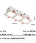 Level Up Your Space With This Slick Adjustable LED Recessed Downlight, 21 Watt 2350 Lumen Triple Head Ceiling Fixtures, 3 Way Selectable 3000K To 6000K, Zero Glare Soft Touch Look, No Sweat Retrofit Install For Trendy Rooms. Image shows dimensions and design details.