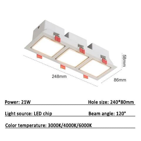 Level Up Your Space With This Slick Adjustable LED Recessed Downlight, 21 Watt 2350 Lumen Triple Head Ceiling Fixtures, 3 Way Selectable 3000K To 6000K, Zero Glare Soft Touch Look, No Sweat Retrofit Install For Trendy Rooms. Image shows dimensions and design details.