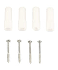 Front view: four white plastic spacers and four silver screws for Mecanum wheel DIY robot parts