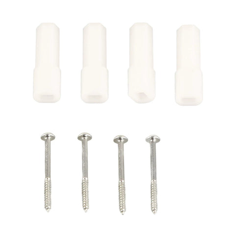 Front view: four white plastic spacers and four silver screws for Mecanum wheel DIY robot parts