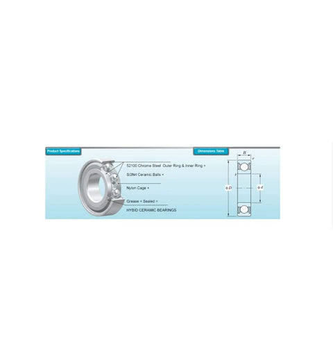 Premium R20 Hybrid Ceramic Bearing 1.25 Inch Bore Sealed Deep Groove Motor Spindle Ball with Si3N4 Balls and Grease diagram and specifications.