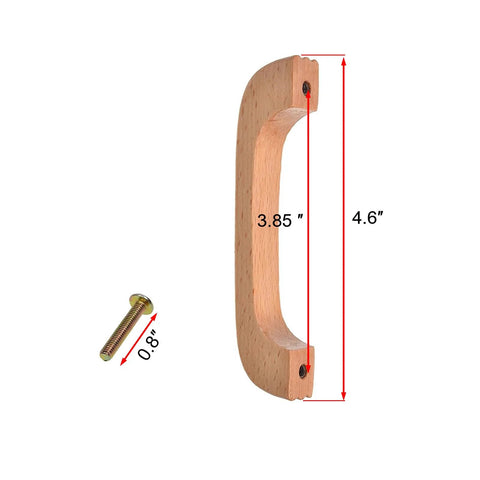 Six Piece Wood Cabinet Drawer Pulls With Screws Set Natural Varnished Wood Grain Finish 4.6 Inch Overall Length 3.85 Inch Center Hole Distance 0.6 Inch Depth Includes 0.8 Inch Screws; single pull and screw dimensions view
