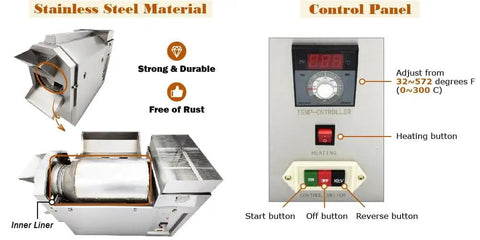 Electric Coffee Roaster For Commercial Use 55 Lb Bean Roaster With Precise Temperature Control 220V 6.5KW showing control panel and drum