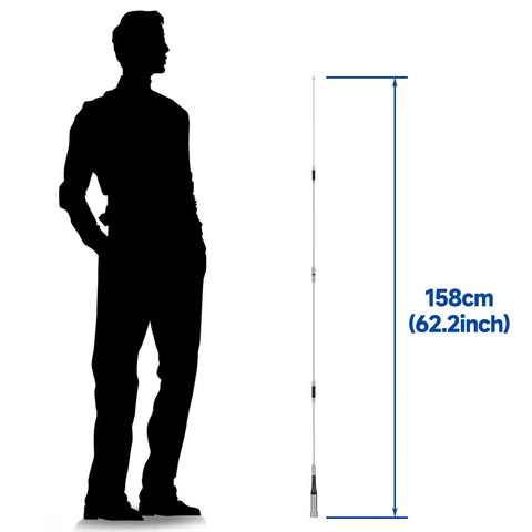 Beefy 62 Inch Mobile Ham Radio Antenna Dual Band 144 430 MHz shown with silhouette for size comparison