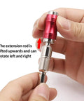 Close-up of Amazon pivoting bit tip holder; red aluminum, magnetic 1/4-inch bit adapter with rotating extension