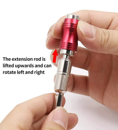 Close-up of Amazon pivoting bit tip holder; red aluminum, magnetic 1/4-inch bit adapter with rotating extension
