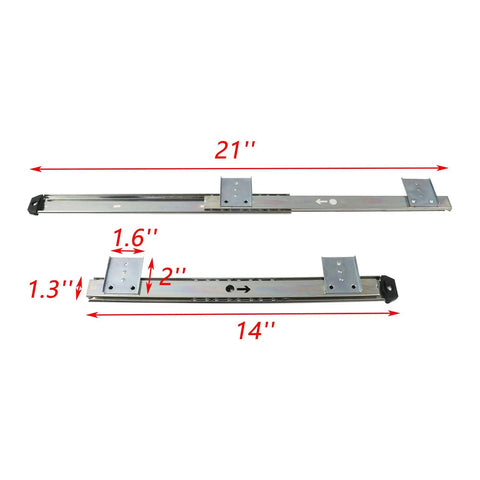 21-inch and 14-inch views of the 14 Inch Keyboard Slide Tray With Heavy Duty Ball Bearing Rails For Keyboard, adjustable hardware, silver
