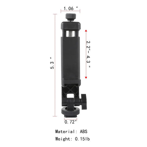 Universal Phone Tripod Mount Adapter with 360 Degree Rotation for Hot Shoe Cameras and DSLRs, dimensions and details shown.