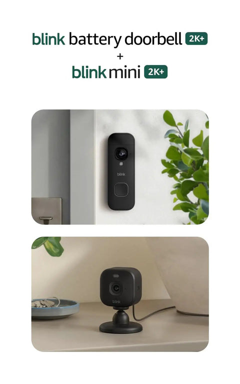 Hella Crisp 2K Smart Security Bundle With Battery Powered Front Porch Bell And Two Compact Indoor Cameras Offering Head To Toe Clarity, featuring a doorbell and indoor camera.