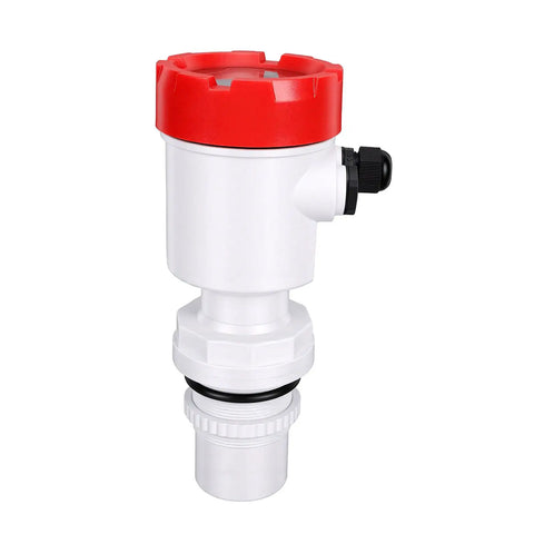 Rock Solid Digital Ultrasonic Liquid Level Sensor Featuring Quick Readouts And Steady 4-20ma Output For Plug And Play Tank Management Up To Six Meter Range, white ABS material with red cap.