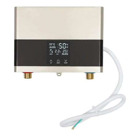 Mini Tankless Water Heater Electric 4000W 110V Instant Hot Water On Demand Space Saving Design with display and connections.