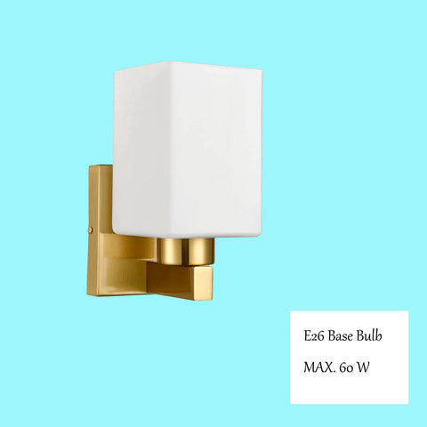 Two Pack Brass Wall Sconce Light Fixtures With Milky White Glass Shades, shown against blue background, max 60W E26 bulb