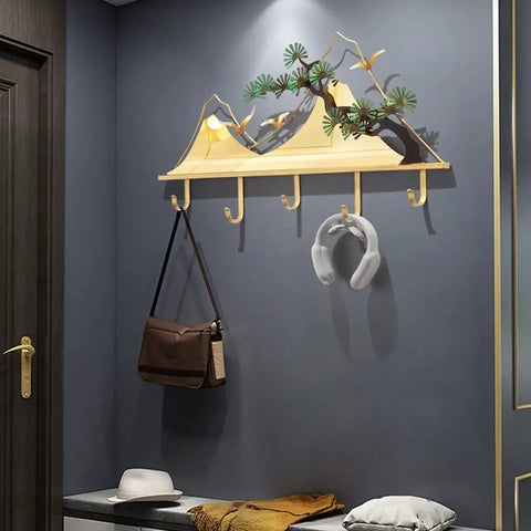 Sick Wall Mount Coat Rack with 5 Sturdy Hooks for Your Entryway Glow Up, mounted in stylish design, ideal for organizing bags and hats.