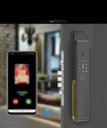 Slick Waterproof Smart Door Lock With True 3D Anti Spoof Fingerprint, Remote Video Intercom And Mobile App Unlock in use with smartphone.