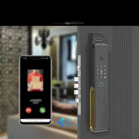 Slick Waterproof Smart Door Lock With True 3D Anti Spoof Fingerprint, Remote Video Intercom And Mobile App Unlock in use with smartphone.