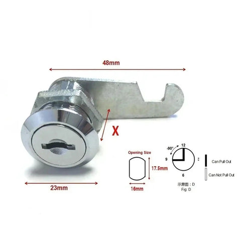 Cabinet Cam Lock With Two Keys For Tool Box Locker Drawer And Furniture Doors 25mm HJ05 showing 48mm latch dimensions.