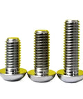 Top Shelf Grade 5 Titanium Button Head Hex Socket Cap Screw M4 X 15mm ISO 7380 Standard in three sizes, showing durable construction.